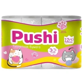 Туалетная бумага Pushi 3 слоя 16 м, 12 рул