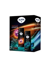 AURA MEN Подарочный набор Энергия спорта: Гель для душа 3в1 Энергия Спорта 250 мл + Гель для душа 3в1 Экстра Свежесть 250 мл