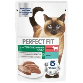 Корм Perfect Fit для стерилизованных кошек, паштет с говядиной, 75 г