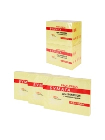 Бумага для заметок "PROF-PRESS" с клеевым краем ЖЕЛТАЯ пастель, 101Х76 мм, 100л