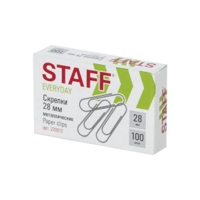 Скрепки STAFF EVERYDAY, 28 мм, металлические, 100 шт., в картонной коробке, Россия, 220012