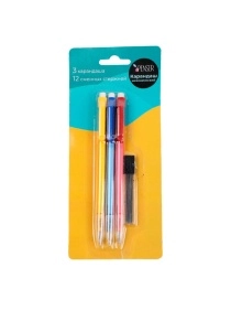 Карандаш механический, 3 шт + сменные стержни, 12 шт
