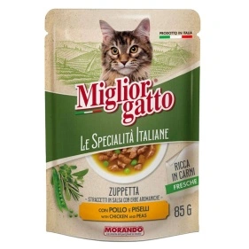 Супчик Miglior gatto Le Specialità Italiane д/к полоски в соусе с курицей и горохом, 85 г