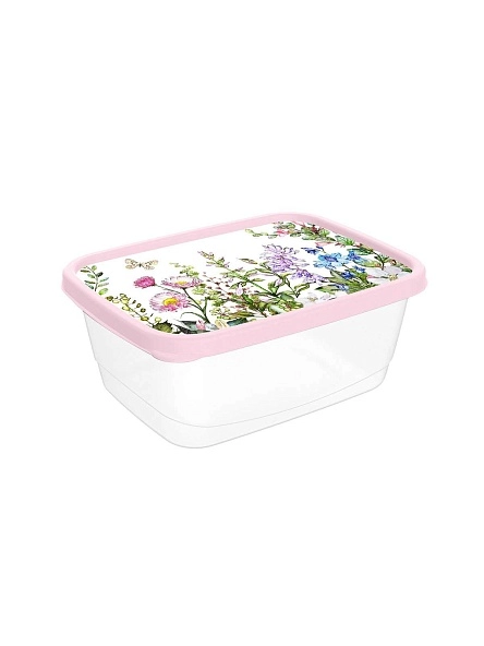 Контейнер для продуктов прямоугольный 0,5л с декором "Цветущий луг" (светло-розовый)