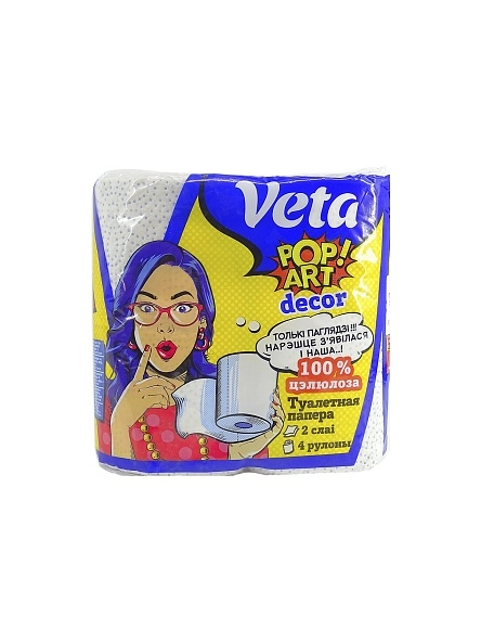 Бумага туалетная двухслойная Veta Pop Art Decor с рис., на втулке, 100% целлюл., 1*4 рулона