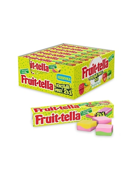 Жевательные конфеты "FRUITTELLA кислый микс 2в1" со вкусами яблока и клубники, лимона и малины 41г_9х21шт