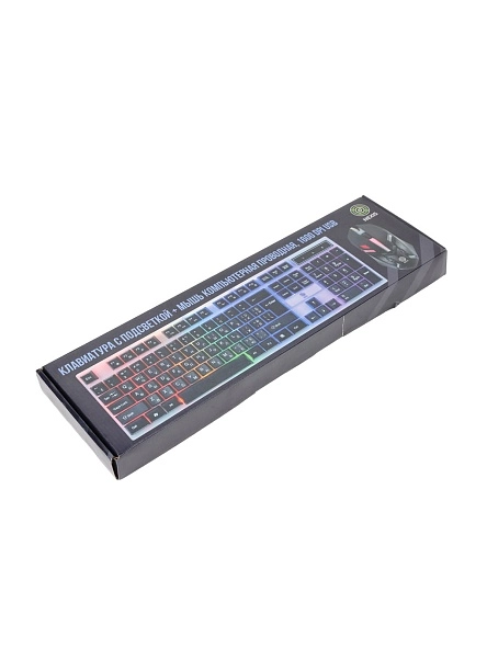 Клавиатура с подсветкой + мышь компьютерная проводная, 1600 DPI USB, кабель 1,5 м