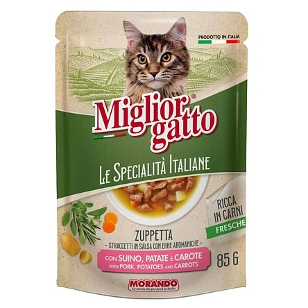 Супчик Miglior gatto Le Specialità Italiane д/к полоски в соусе свинина,картофель,морковь,85г