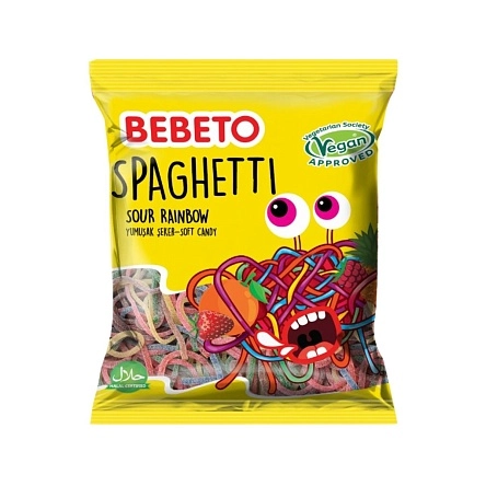 ЖЕВАТЕЛЬНЫЕ КОНФЕТЫ СО ВКУСОМ ЯБЛОКА, МАЛИНЫ, КЛУБНИКИ И ТУТТИ-ФРУТТИ «HAPPY LACER SOUR RAINBOW SPAGHETTI / КИСЛЫЕ РАДУЖНЫЕ СПАГЕТТИ»  80г   ТУРЦИЯ