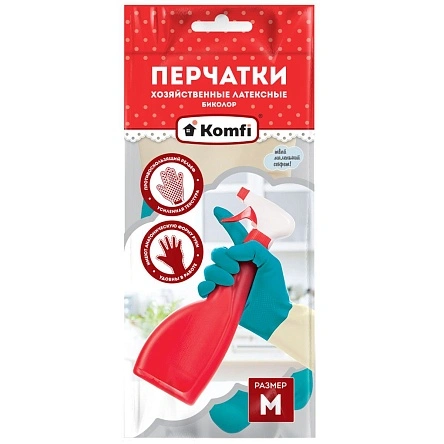 BICOLO6 Перчатки хозяйственные латексные БИКОЛОР, M, бежевый+бирюзовый, 2 шт, Komfi/