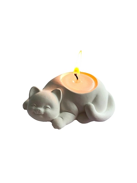 Свеча в подсвечнике Улыбчивый котик, цв. белый