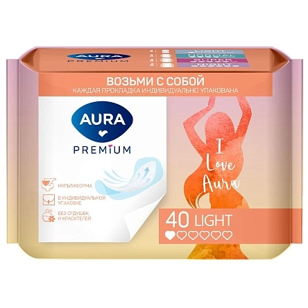AURA PREMIUM Прокладки женские ежедневные ультратонкие MULTIFORM LIGHT 40шт