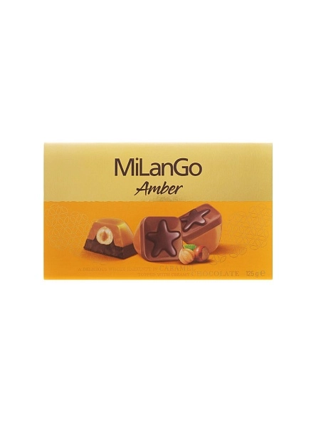 Конфеты с фундуком, карамелью, нугой и мол.шок. "Milango Amber" 125г
