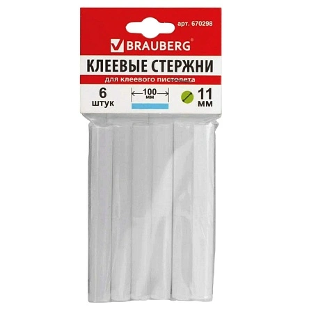 Клеевые стержни BRAUBERG 11мм*100мм, белые 6 штук