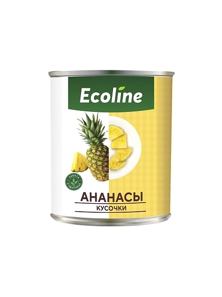 Ананасы кусочки «Ecoline» new, конс. стер. в легком сиропе, ж/б 565 г