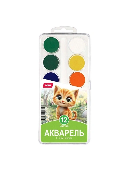 Акварель FUNNY FRIENDS 12 цв, б/к в пластиковой упаковке с крышкой