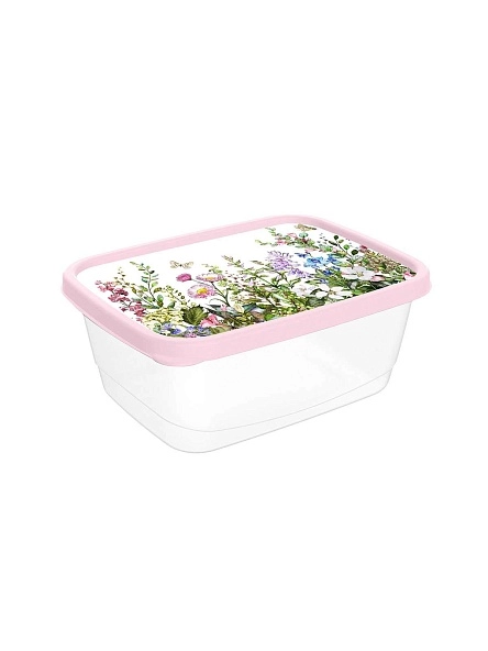 Контейнер для продуктов прямоугольный 1,5л с декором "Цветущий луг" (светло-розовый)