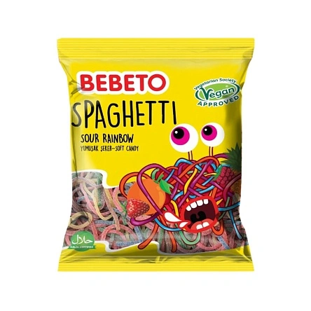 ЖЕВАТЕЛЬНЫЕ КОНФЕТЫ СО ВКУСОМ ЯБЛОКА, МАЛИНЫ, КЛУБНИКИ И ТУТТИ-ФРУТТИ «HAPPY LACER SOUR RAINBOW SPAGHETTI / КИСЛЫЕ РАДУЖНЫЕ СПАГЕТТИ»  80г   ТУРЦИЯ