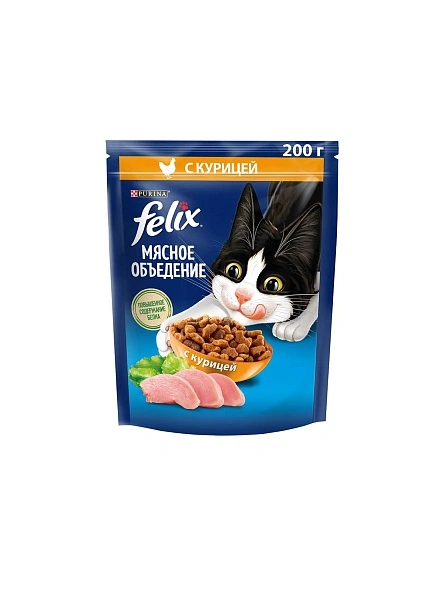 Сухой корм Felix Мясное объедение для взрослых кошек, с курицей 200 г