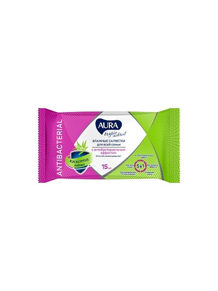 Салфетки влажные антибактериальные AURA TROPIC COCKTAIL, 15шт