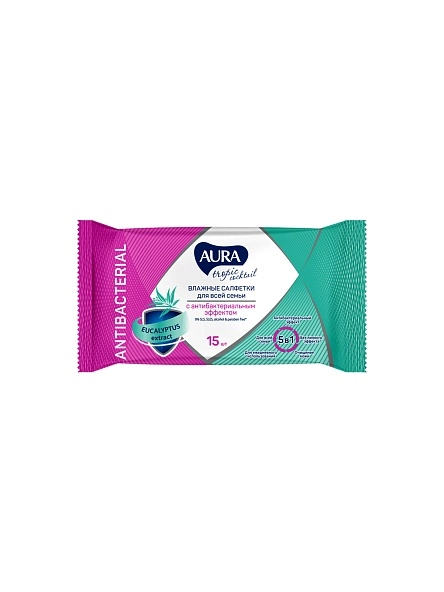 Салфетки влажные антибактериальные AURA TROPIC COCKTAIL, 15шт