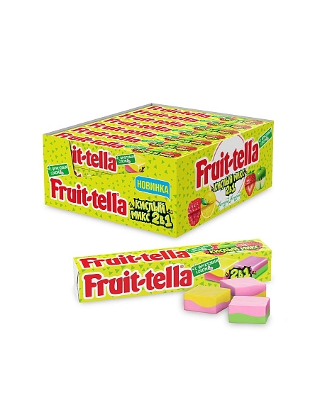 Жевательные конфеты "FRUITTELLA кислый микс 2в1" со вкусами яблока и клубники, лимона и малины 41г_9х21шт