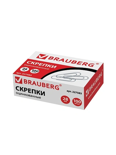 Скрепки "BRAUBERG" оцинкованные, 100шт, 28мм, в картон.коробке