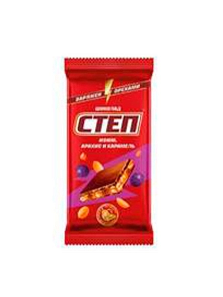 Шоколад молочный с начинкой "Степ" с изюмом, арахисом и карамелью 80г