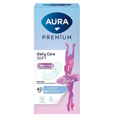 AURA PREMIUM Прокладки женские ежедневные ультратонкие LIGHT 40шт