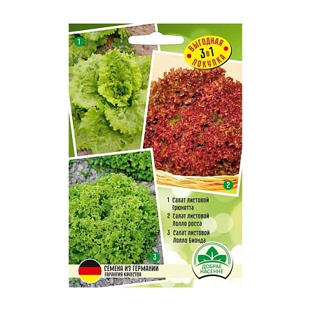 Набор семян Салат листовой Грюнетта, салат листовой Лолло Росса, Салат листовой Лолло Бионда