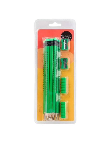 Набор карандашей простых с ластиком, 12 шт+точилка+держатель, дерево