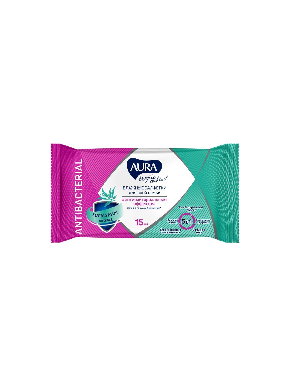 Салфетки влажные антибактериальные AURA TROPIC COCKTAIL, 15шт