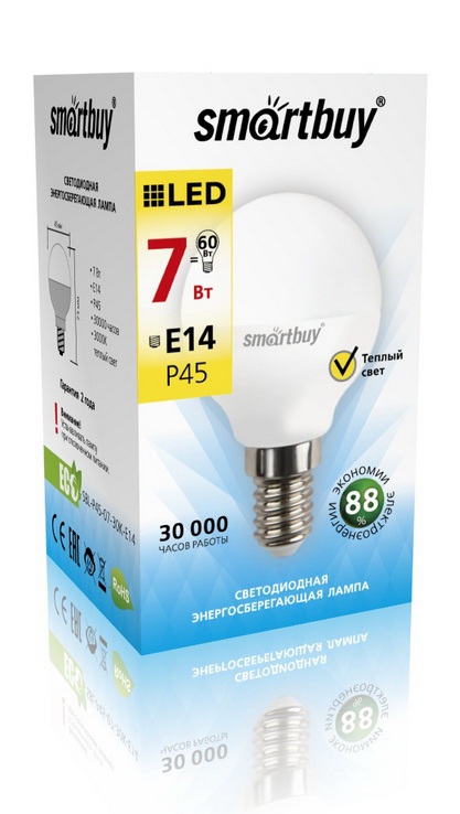 Светодиодная (LED) Лампа Smartbuy-P45-07W/3000/E14 (SBL-P45-07-30K-Е14)