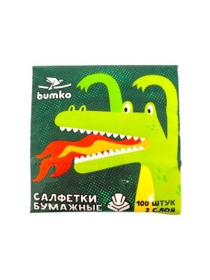 Салфетки бумажные "BUMKO" листовые V-сложения в пленке 100л белые 2-х слойные 100*200 мм. Кошка-Крокодил